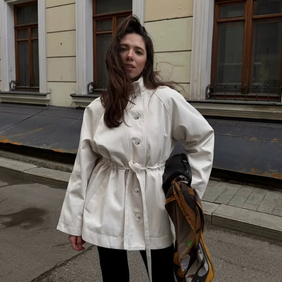 Women Trench Coats Solid Jackets Drawstring Stand Collar Long Sleeves Single Breasted Cinched Waist Loose Fit 2026 Autumn Winter