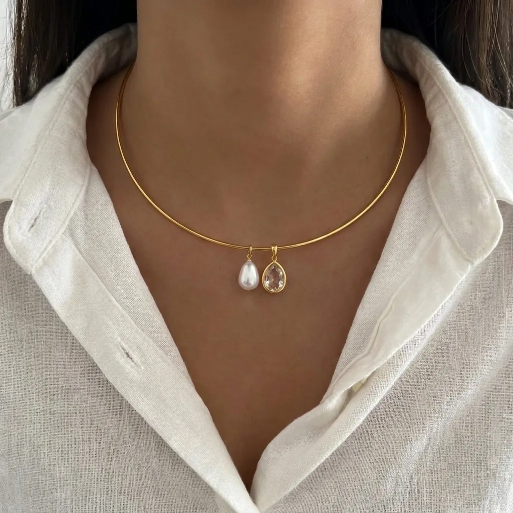 Zarte, vergoldete PVD-Edelstahl-Halskette für Damen, Imitationsperle, Zirkonia, Party-Schmuck, Geschenk – Detail 6