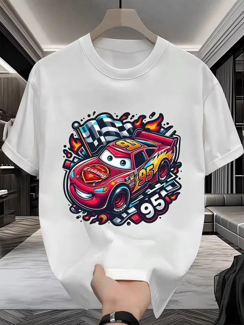 

"2025 Summer Car Mania McQueen Cartoon Print T-shirt cotton casual oversized short-sleeved suitable for both men and women