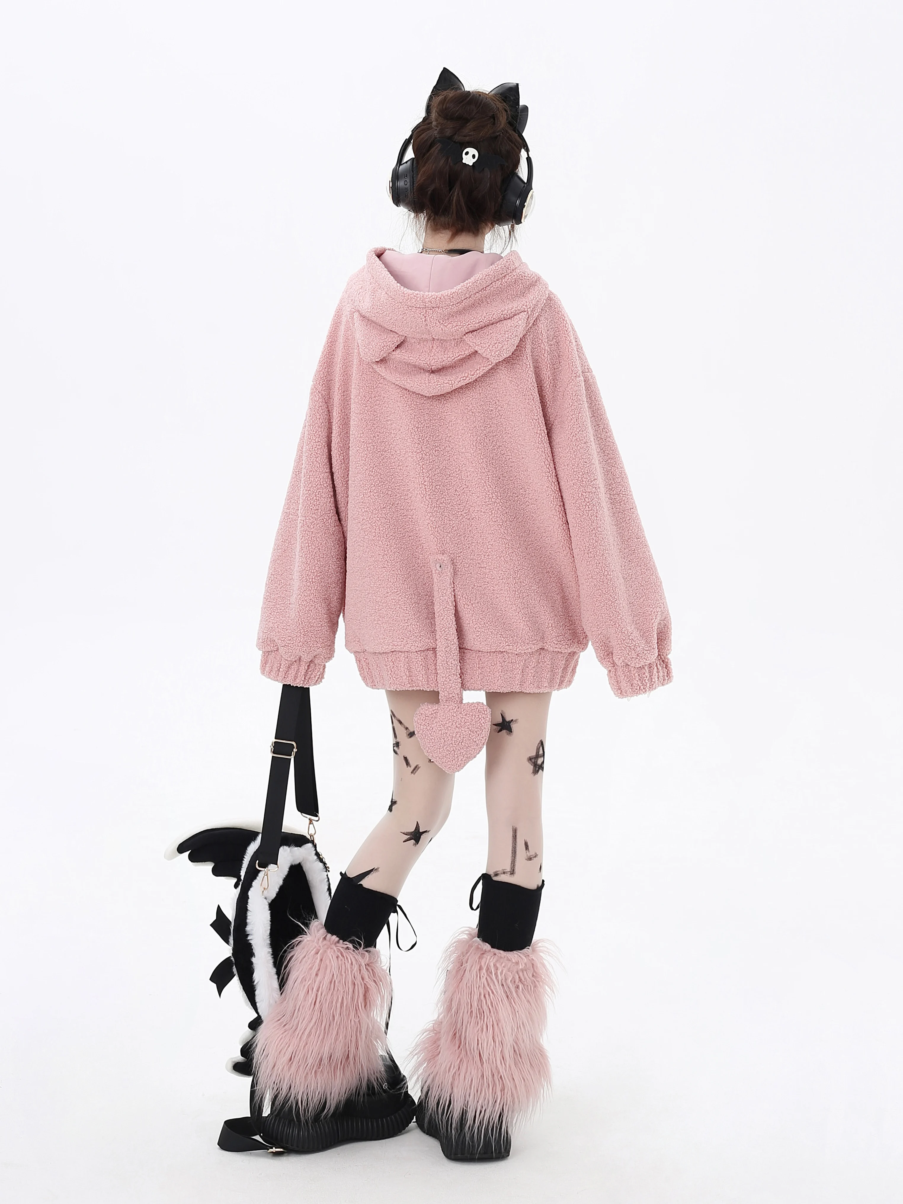 Japanese Subculture Sweet Cool Y2k Girl 3D Embroidery Love Tail Lamb Wool Cute Ear Hooded Loose Hoodies Sweatshirts Women Winter