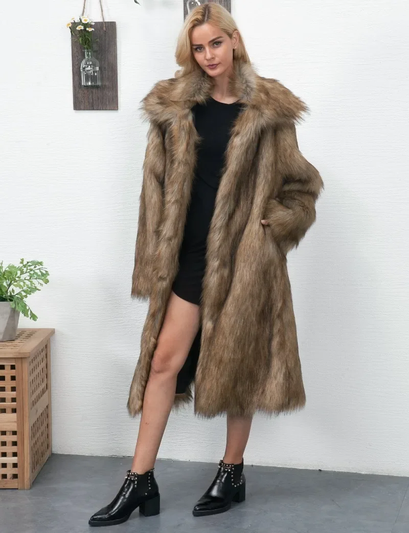 Loose Thick Hairy Faux Fur Jacket Winter Coat Women Brown Luxurious Warm Faux Fur Coat Hooded Imitation Mink Hair Long Jackets