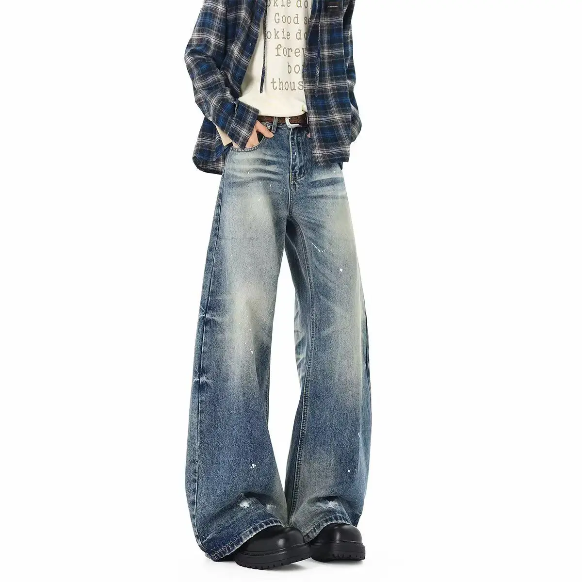 

Мужские джинсы Harajuku в стиле хип-хоп, модные в Гонконге, с надписями, высокая талия, хлопок/полиэстер, прямые штанины, уличный стиль