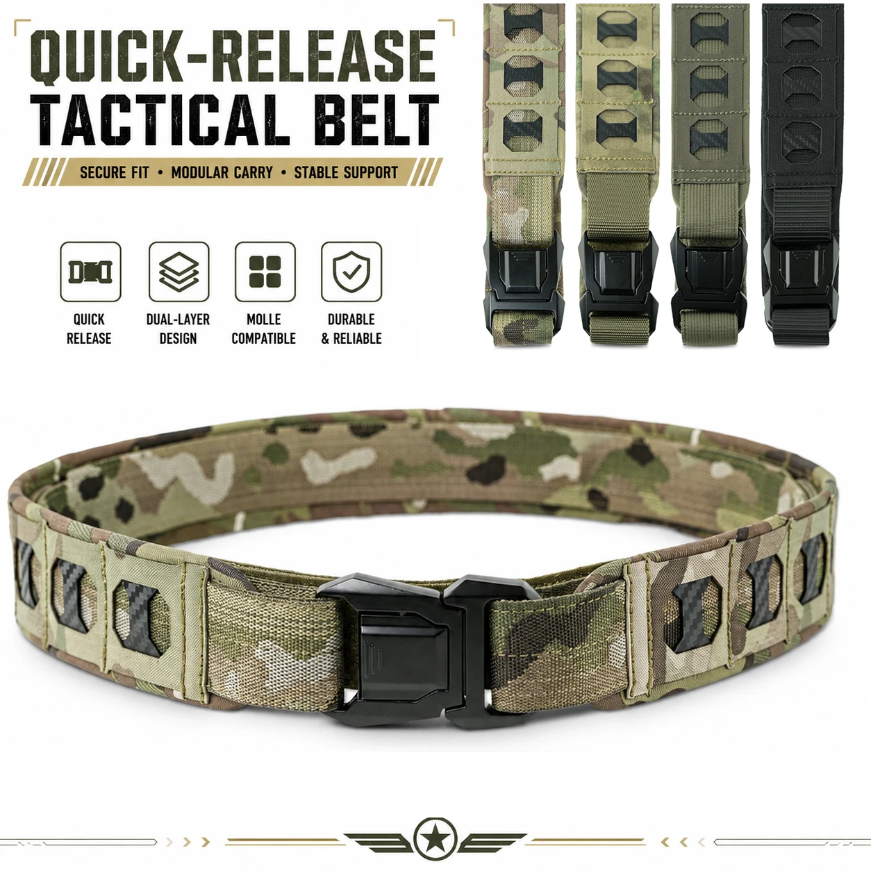 Tactical Belt 2 Inch Laser Cut MOLLE System Quick Release Buckle Military Battle Belt Inner and Outer Combat Waist Belt