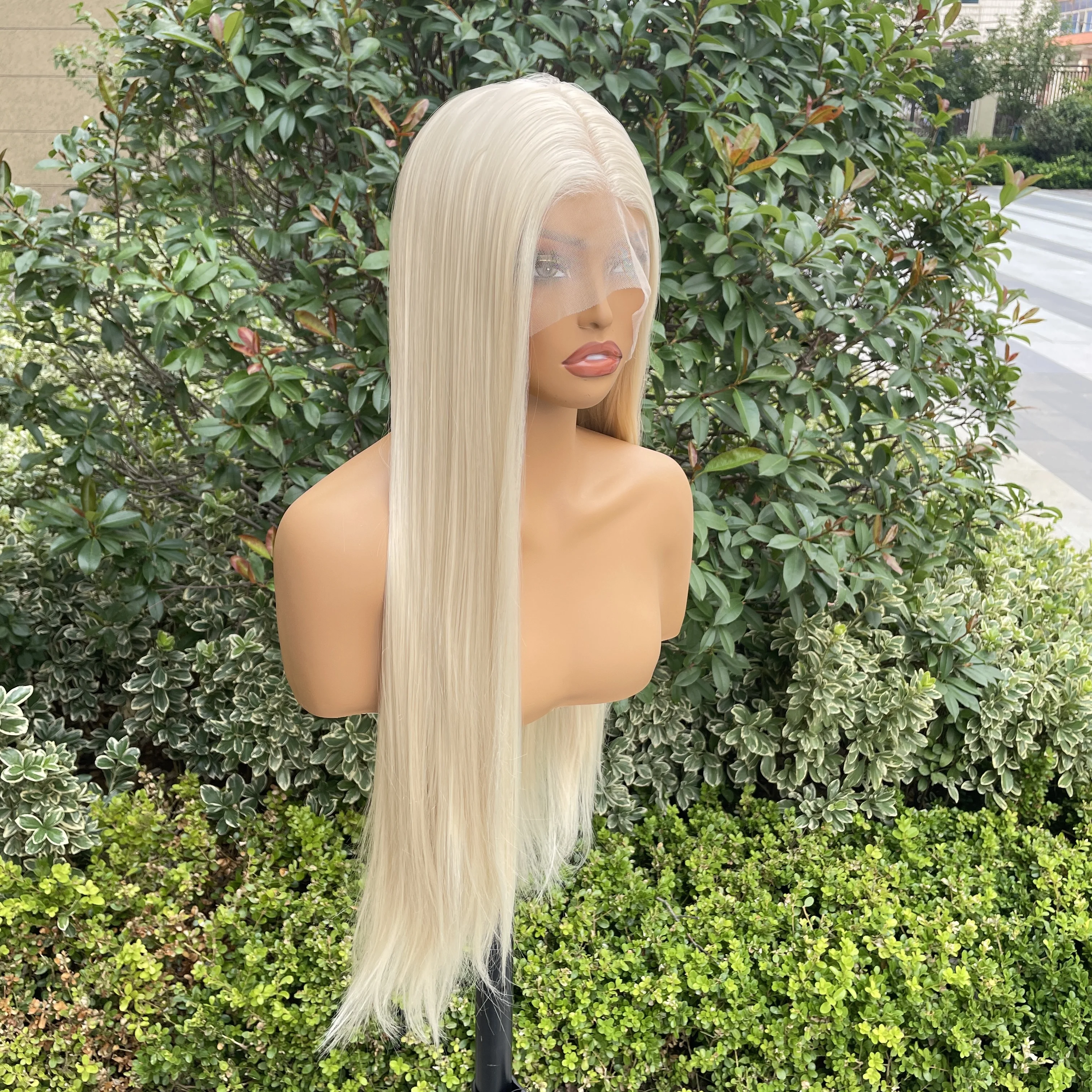 Light Blonde Party Glueless Synthetic Wig for Woman Long Sliky Straight 13X4 Lace Front Wig High Quality 26Inch Cosplay Wig 150%