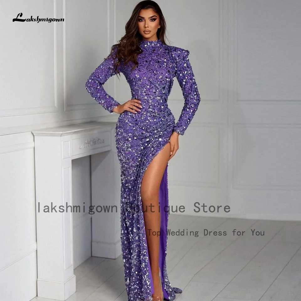 Lakshmigown Luxury Women Purple Sequin Long Sleeve Evening Dress Special Occasion 2023 Chrismas Party Sexy ArabicProm Dresses