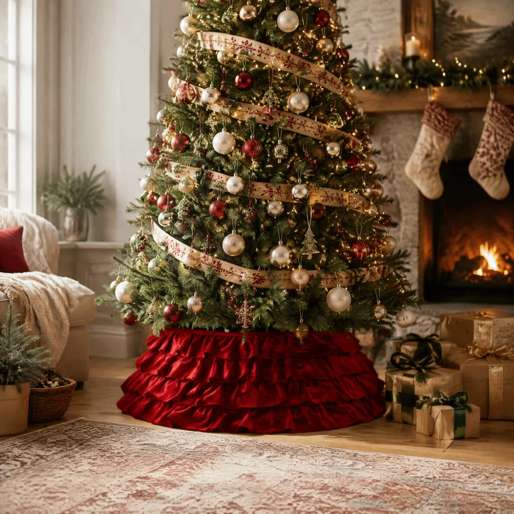 Party Supplies Round Christmas Tree Skirts Foldable Velvet Xmas Tree Pleated Skirts Vintage Elegant Christmas Tree Collar Office