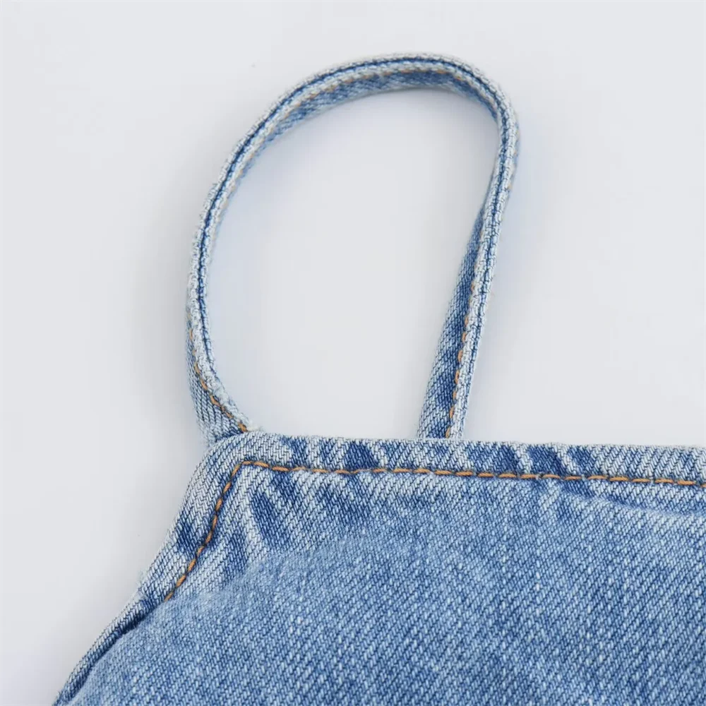 Summer New Blue Fashionable Versatile Loose American Retro Open Back Strap Pure Cotton Denim jumpsuit