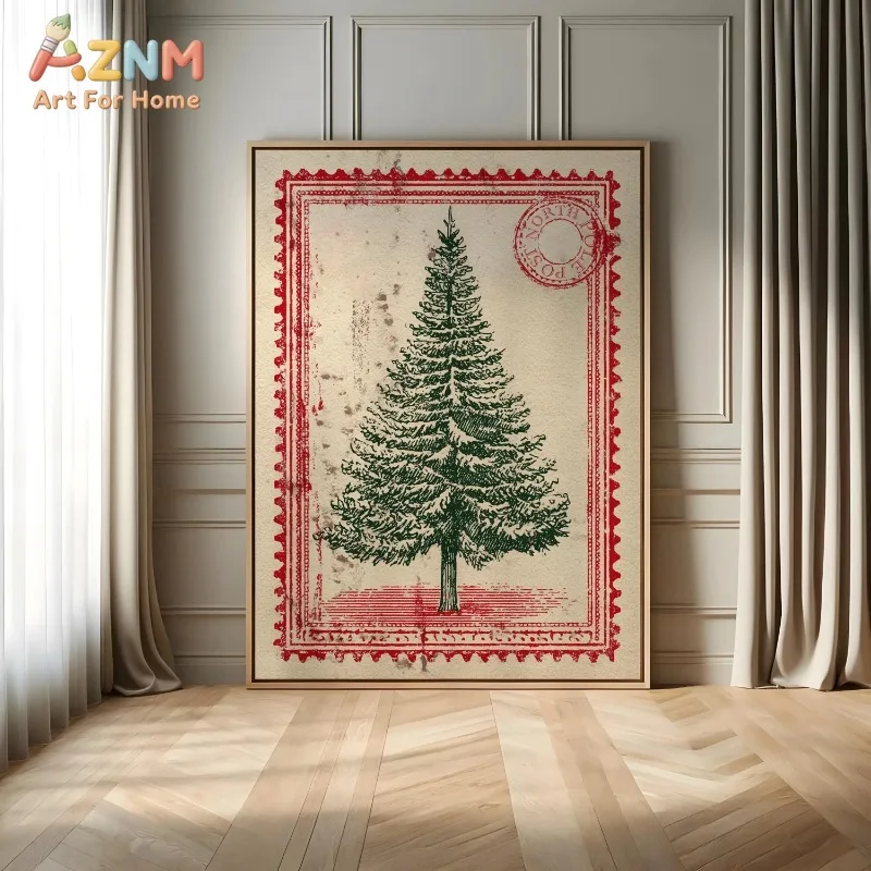 Vintage Christmas Tree Stamp Canvas Wall Art Retro North Pole Post Print Xmas Holiday Home Wall Decor Unframed Canvas Art Poster