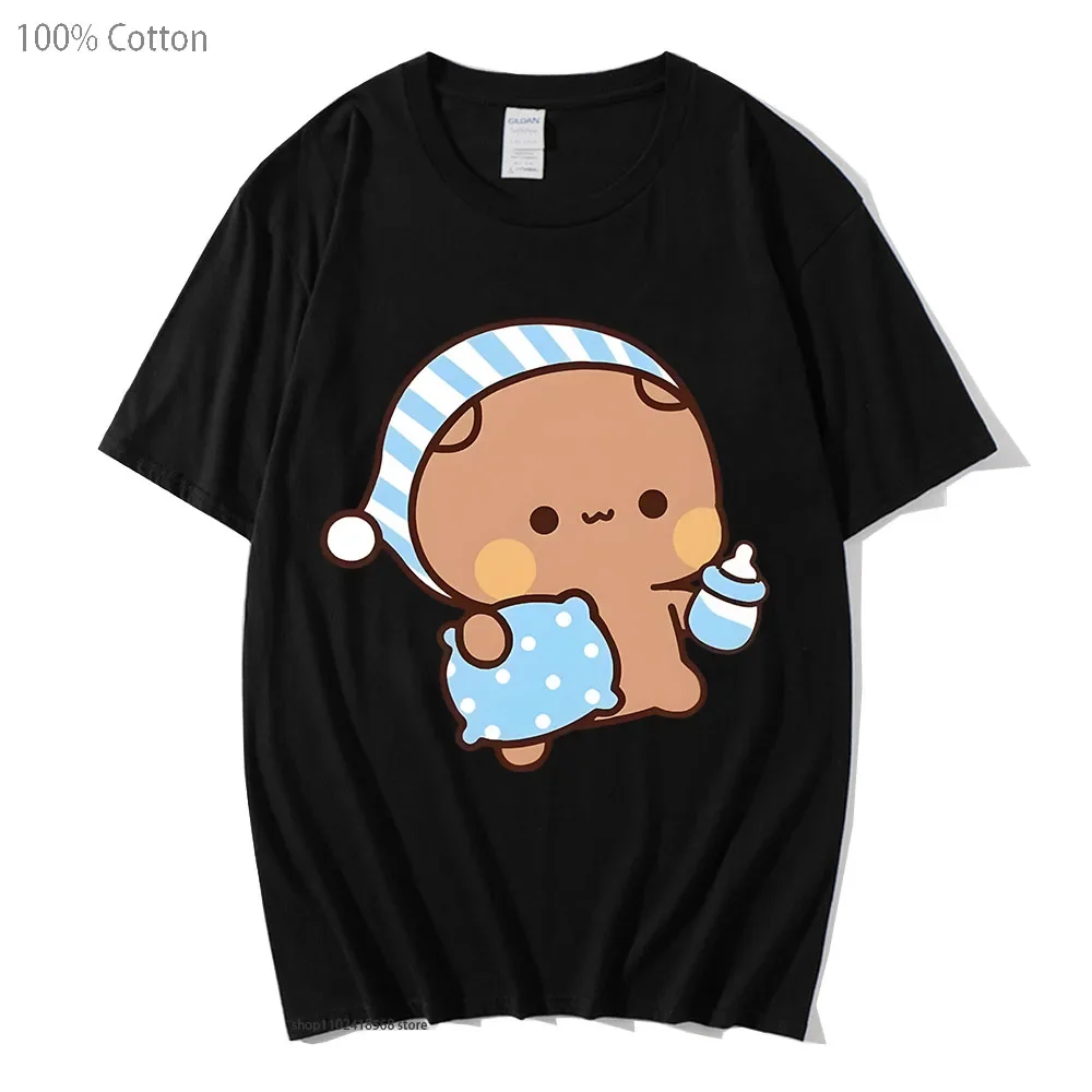 Couple Shirts Kawaii Cute BuBu Panda Going To Sleep with DuDu Bear Graphic Tshirt 100% Cotton Men Women Clothes Long Sleeve Tees