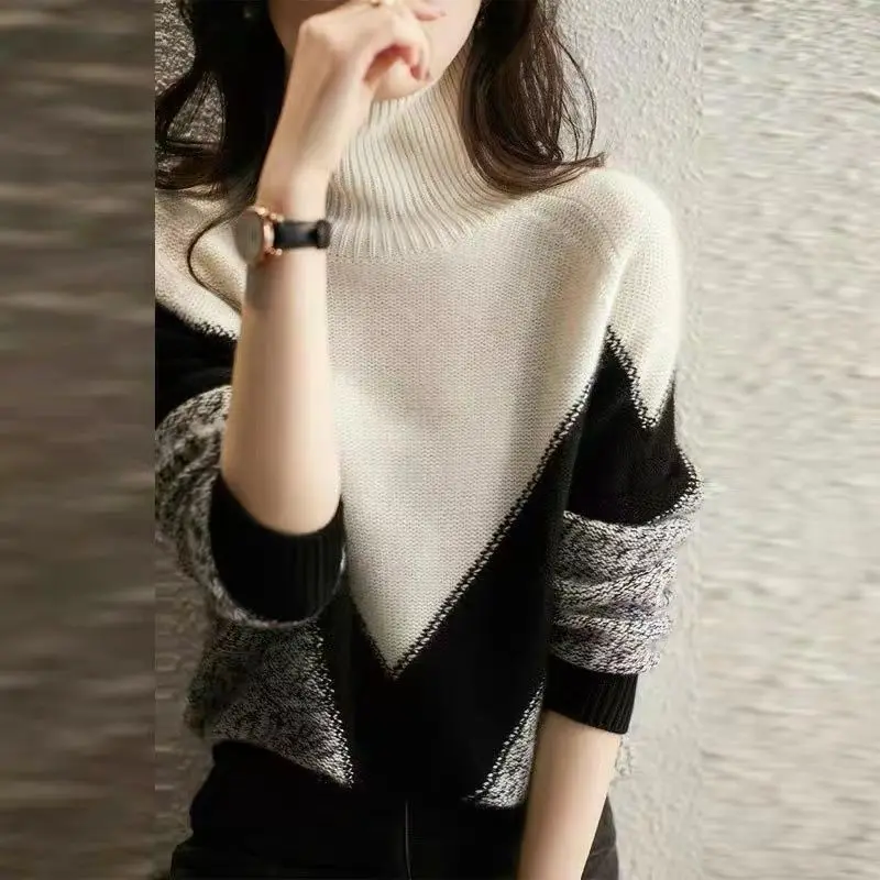 Herfst En Winter Dames Contrast Kleur Hoge Hals Lange Mouw Losse Gebreide Truien Truien Chique Mode Casual Koreaanse Tops