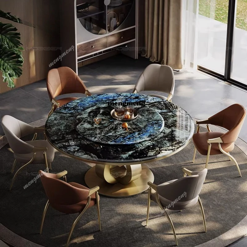 Round dining table marble blue jadeite luxury stone light luxury villa large apartment round dining table