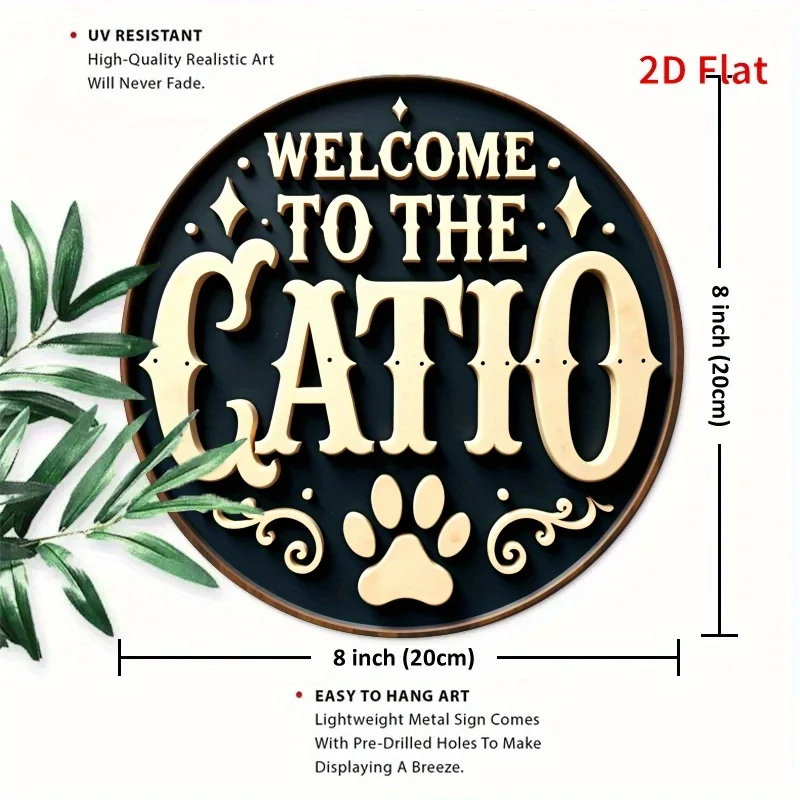 2D Vintage Metal Sign, Flat Catio Welcome Plaque, Heavy-Duty Aluminum with Gold Letters & Paw Print,  Outdoor Ind