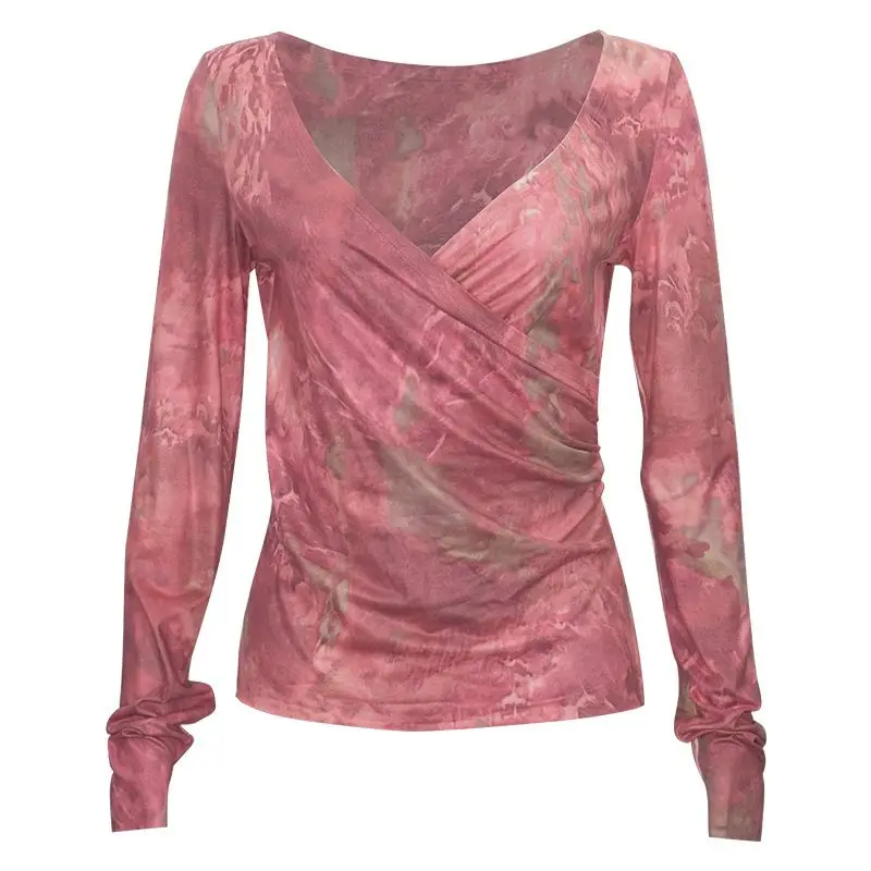 T-shirt a maniche lunghe in vita pieghettata con scollo a V sbavato viola americano autunno nuovo