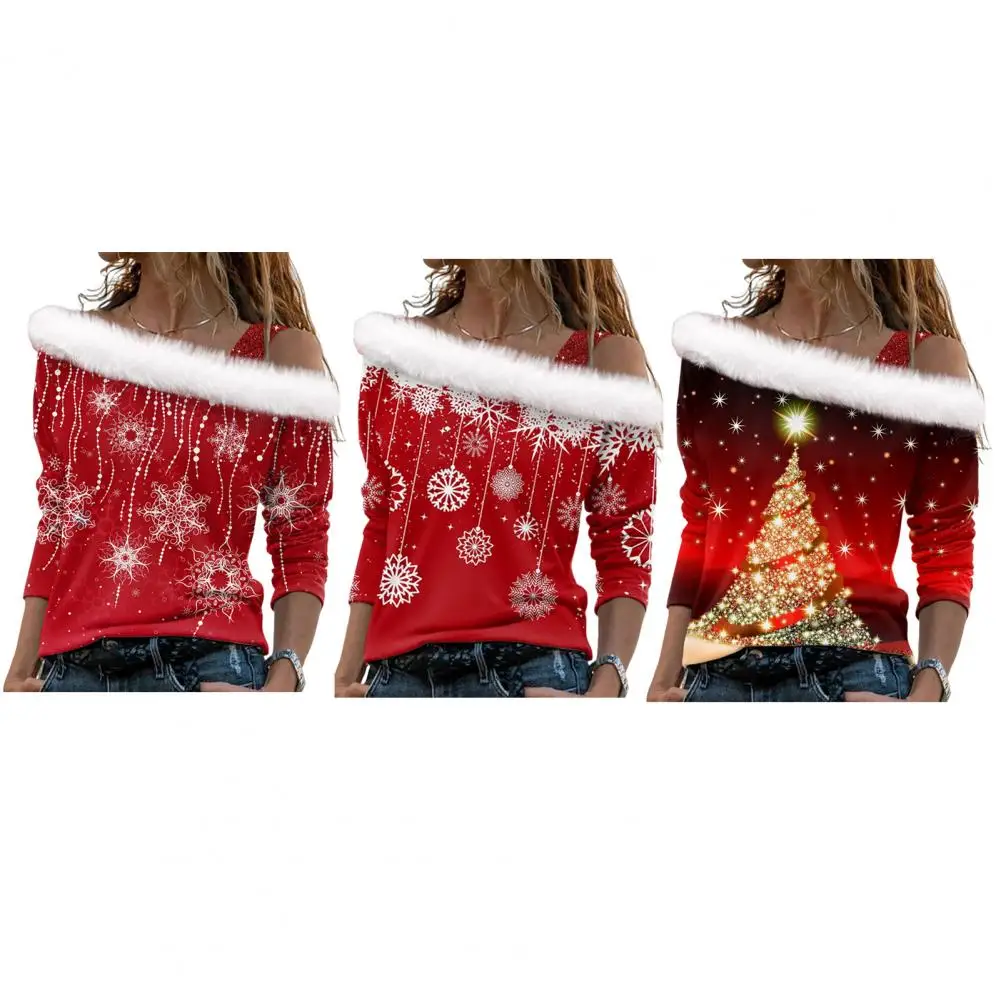 1Pc Women Contrast Color Top Warm Pullover Long Sleeve Women Top Snowflake Print Sequin One Shoulder Christmas Top for Women