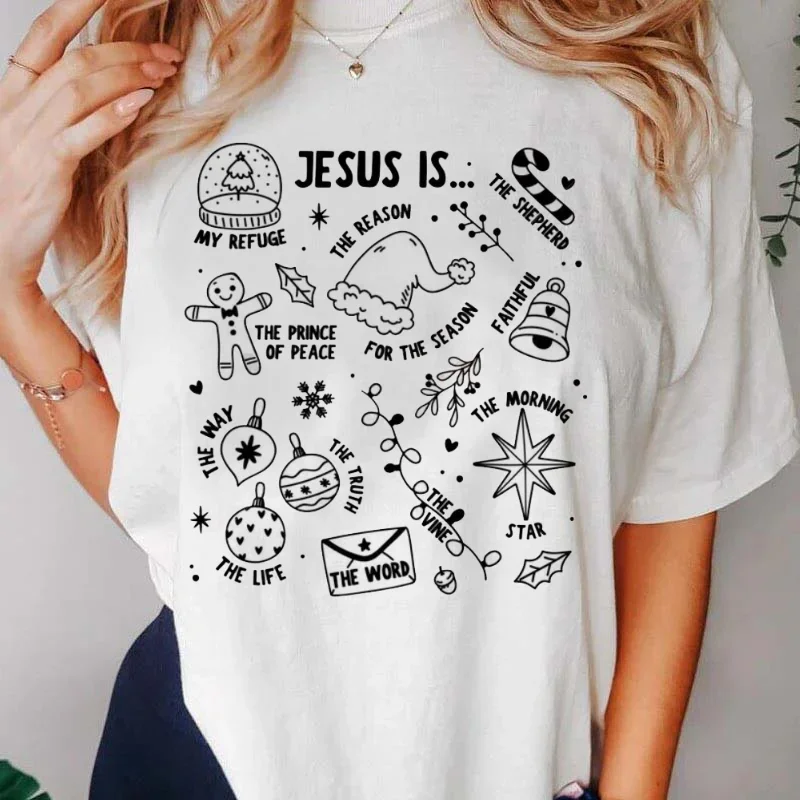 Retro Christmas Women's Clothing O-Neck Retro Nativity Jesus Is The Reason Pattern Fashion Printed Casual Women's Basic T-Shirt