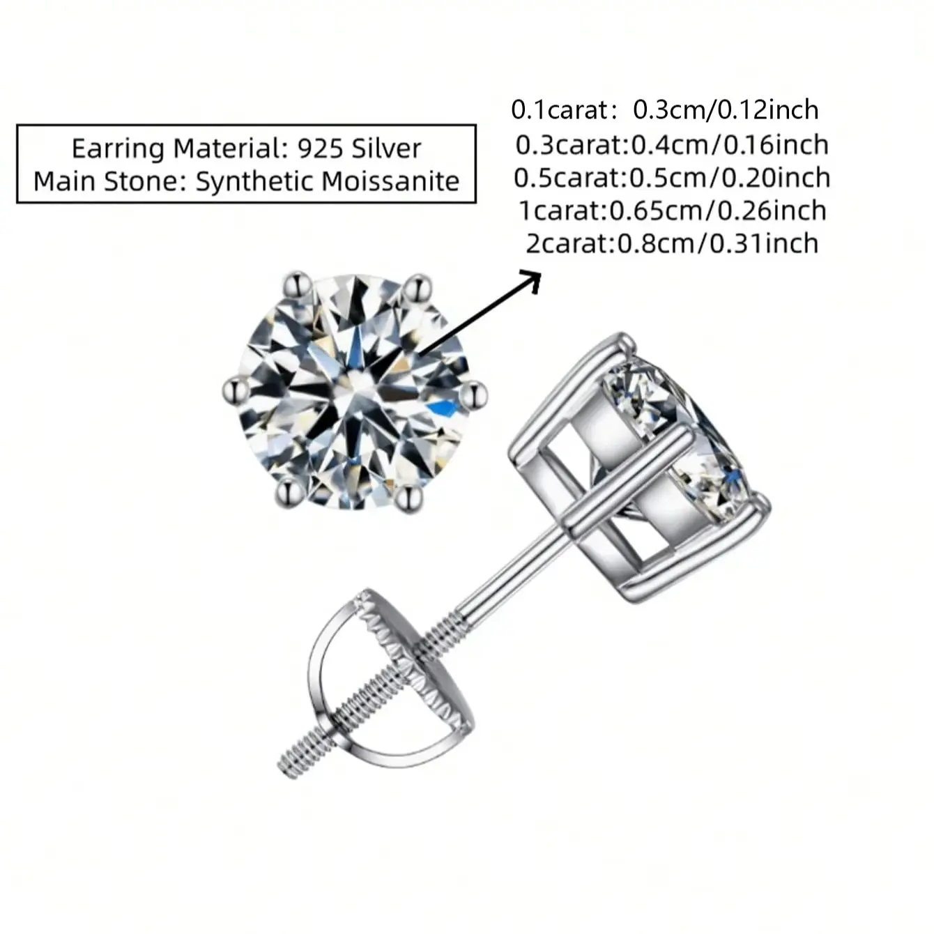 Unisex 925 Silber 6-Krappen-Ohrstecker mit rundem Moissanit (Erhältlich in 0,1 ct, 0,3 ct, 0,5 ct, 1 ct und 2 ct) – Detail 6