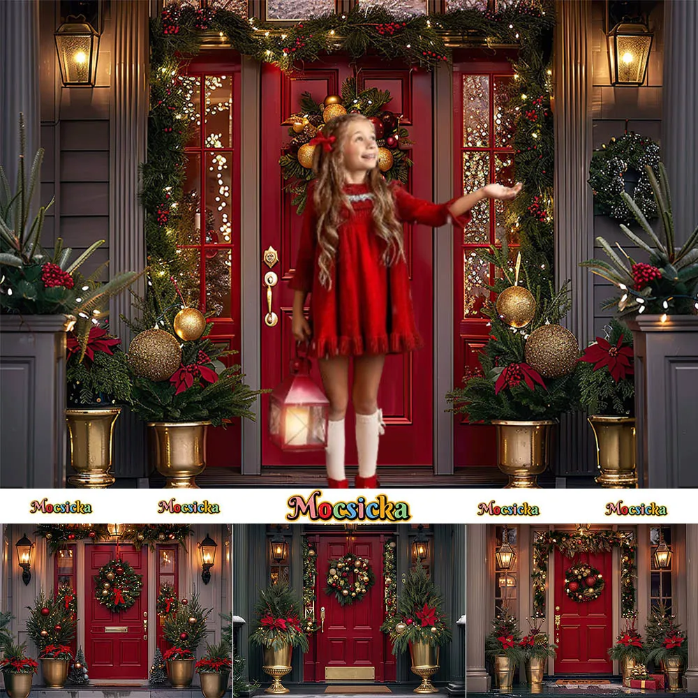 

Mocsicka Photography Background Christmas Tree Garland Door Window Party Decoration Adults Kids Portrait Photos For Studio