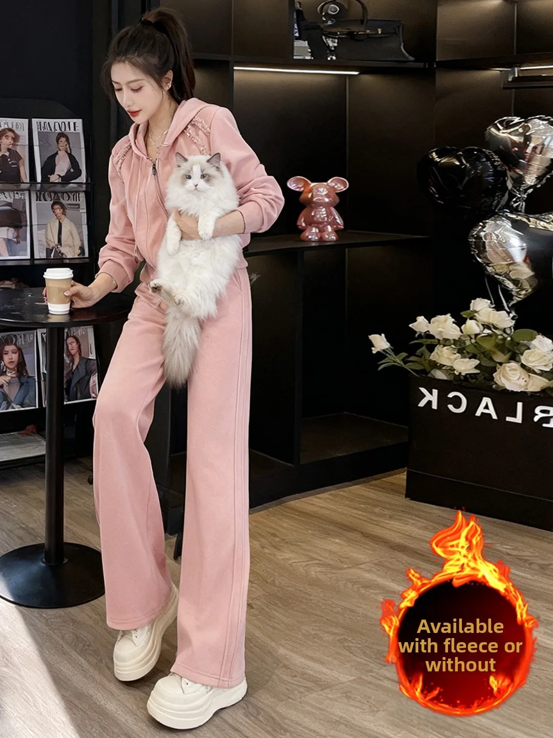 

Стильный повседневный спортивный комплект для женщин: зимняя утепленная флисовая розовая куртка и широкие брюки, комплект из двух предметов