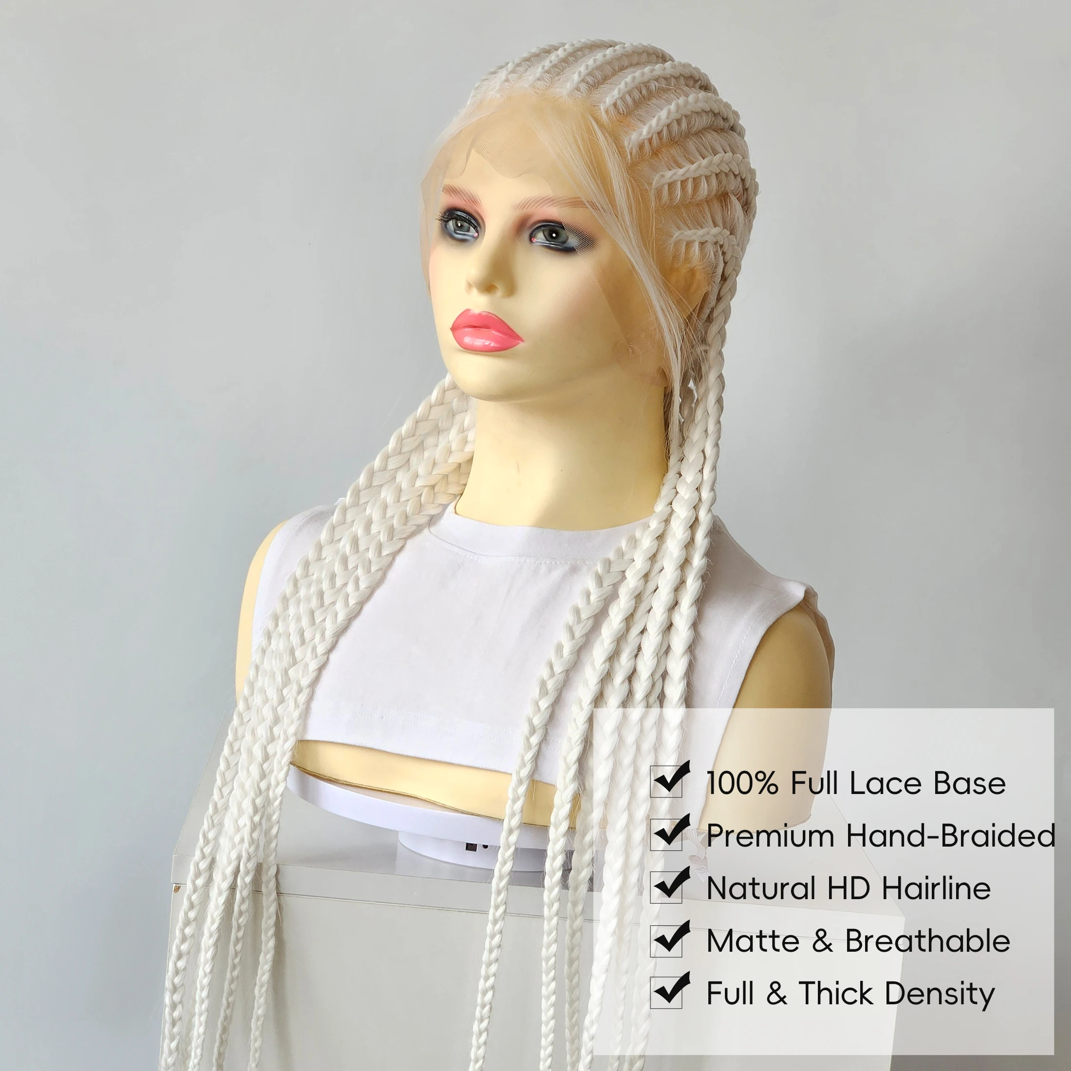Full Lace Braided Wigs 26" Pure White Synthetic Hair 11 Strands Box Braids Glueless Cosplay Festival Party Wig Unisex HandTied