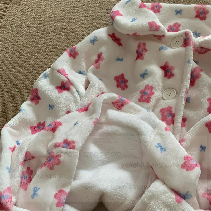 

Теплая толстая фланелевая домашняя одежда, осень-зима 2025 года, домашняя одежда, 2 шт., пижамы De Mujer, кавайный пижамный костюм с принтом, одежда для сна