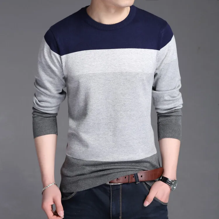 

2023 Men's round Neck Striped Color Matching Sweater Cotton Slim Sweater