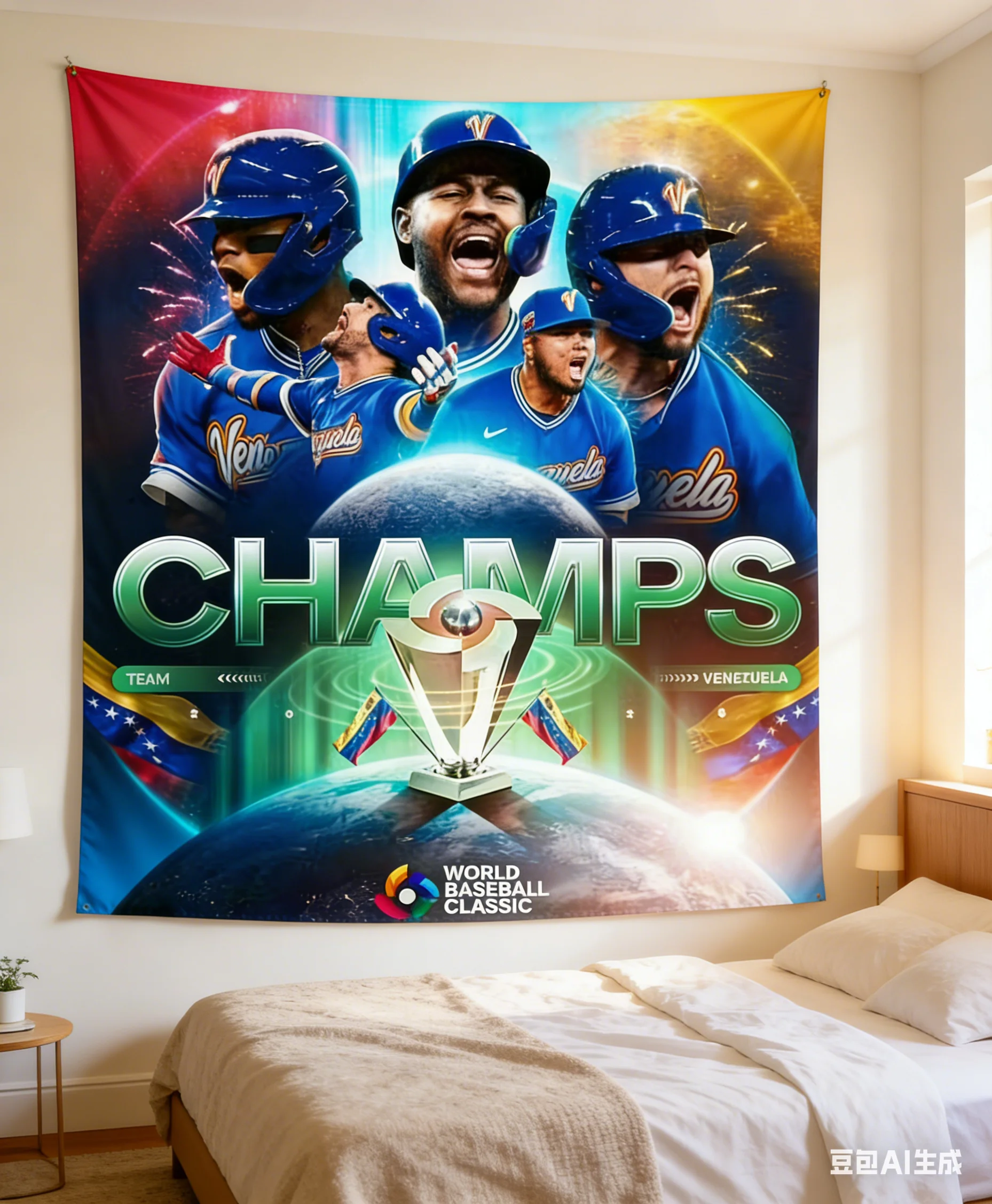 Tapiz de los Campeones de Béisbol de Venezuela, 1 Pieza, Decoración de Pared Plana 2D de Poliéster, Decoración para Fanáticos del Béisbol para Dormitorio, Sala de Estar, Regalo Deportivo