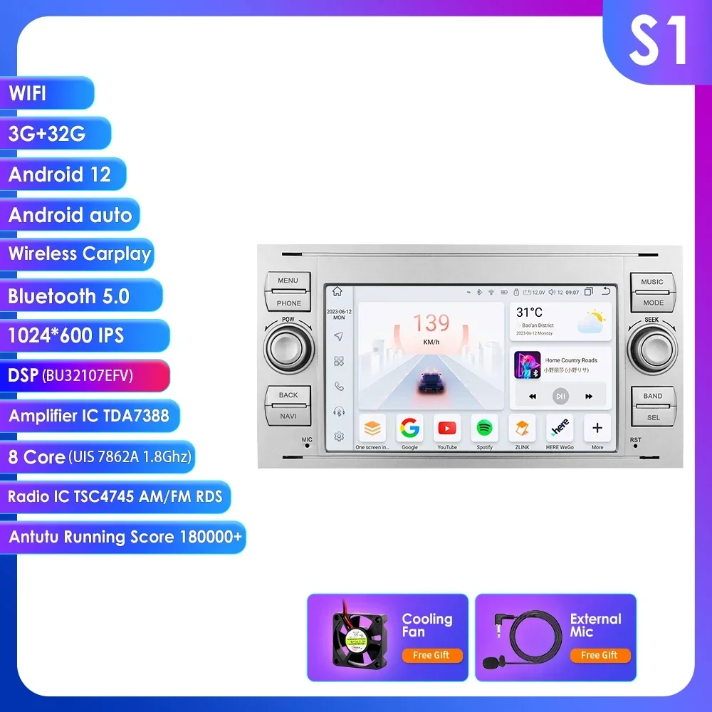 Hizpo 7'' 7862 autoradio draadloze CarPlay Android Auto voor Ford Focus 2 Mondeo S-Max Kuga Fiesta Fusion intelligent autosysteem