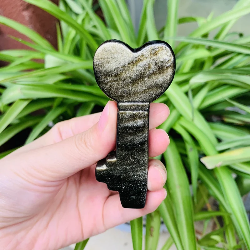 Black Silver Golden Sheen Obsidian Love Heart Key Decor Natural Quartz Crystal Healing Gemstone Carving Sculpture Christmas Gift