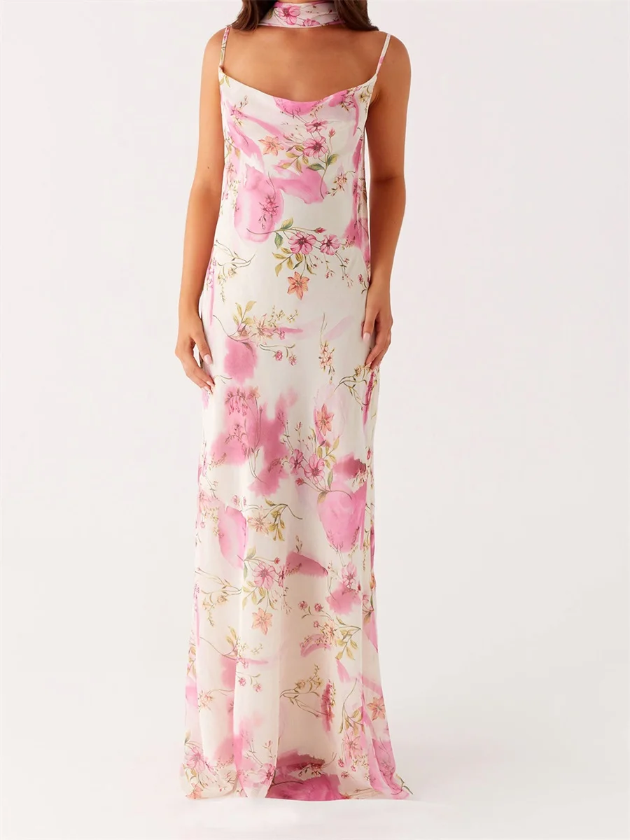 ผู้หญิงฤดูร้อน Cami ชุดสปาเก็ตตี้สายคล้องคอพิมพ์ลายดอกไม้ชุดยาวแฟชั่นชุดลําลองพร้อม Choker ผ้าพันคอ