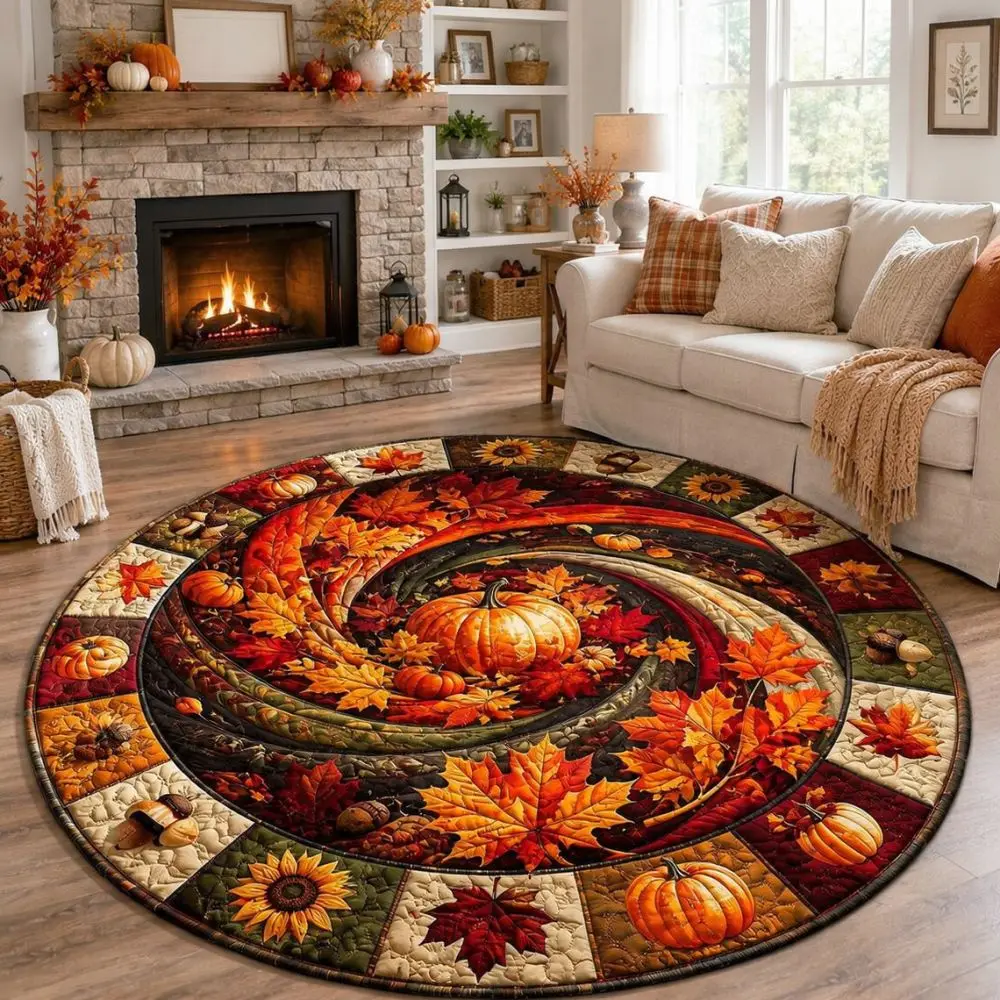 Round Carpet Fall Pumpkin Pattern Crystal Velvet Floor Mat Soft Rug For Living Room Bedroom Home Decorative Area Surface