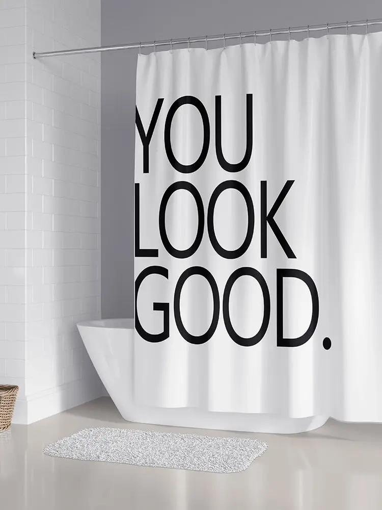 Cortinas de ducha con letras simples, diseño blanco y negro, cortina de baño, decoración nórdica para el hogar, accesorios de baño, pantalla de baño con ganchos