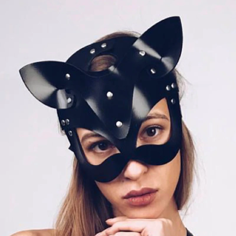 Maschera da donna Sexy Half Eyes Cat Cosplay Face Cat maschera in ecopelle Halloween Party Women Leather Fun Cat Mask Black Adult Toys