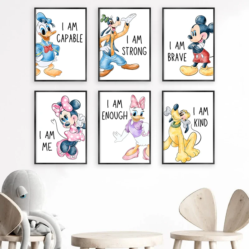 Mickey Mouse Cartoon Art Prints Inspirational Quote Poster Disney Mickey Minnie Canvas Painting Nursery Pictures Kids Room Decor