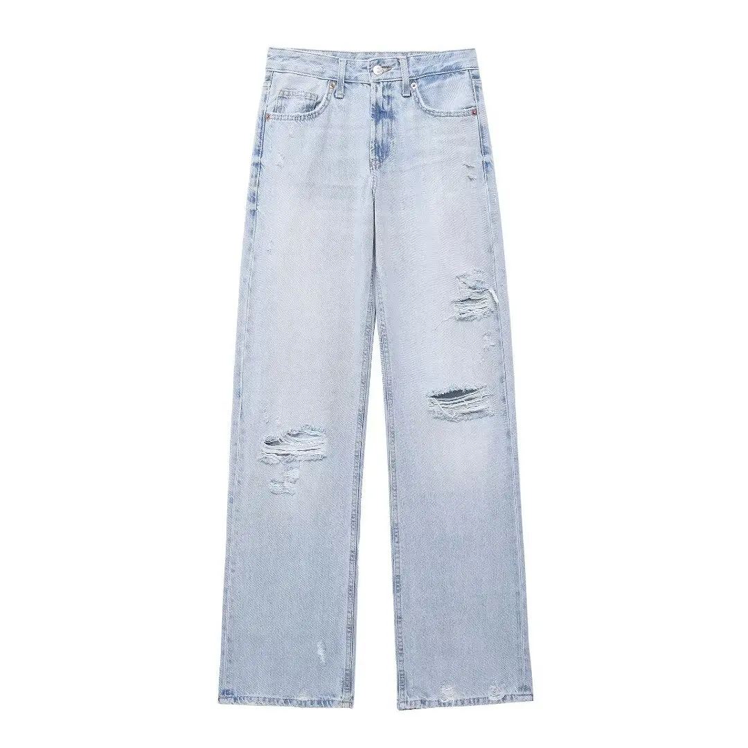 Calças de perna larga feminina com buracos, retro, cintura média, zíper, jeans tornozelo, casual, moda, novo, 2021