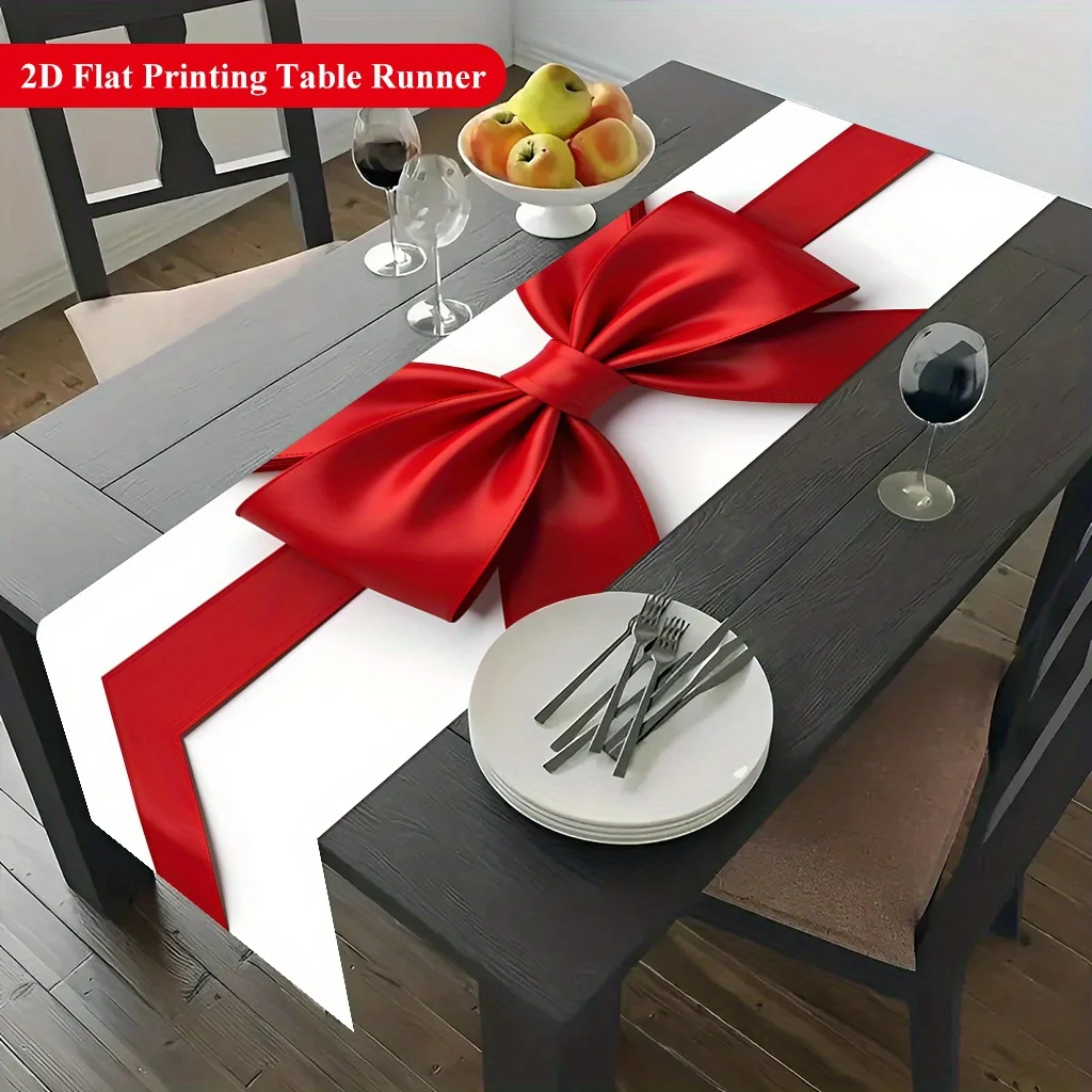 1PC 2D Printed Red Ribbon Bow Table Runner for Dining Table Coffee Table Home Party Festival Decoration