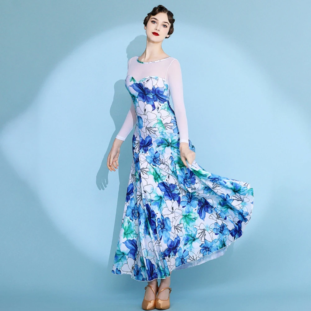 Abito da ballo valzer a maniche lunghe da competizione Abito da ballo standard blu Concorso girocollo Elegante abito da flamenco