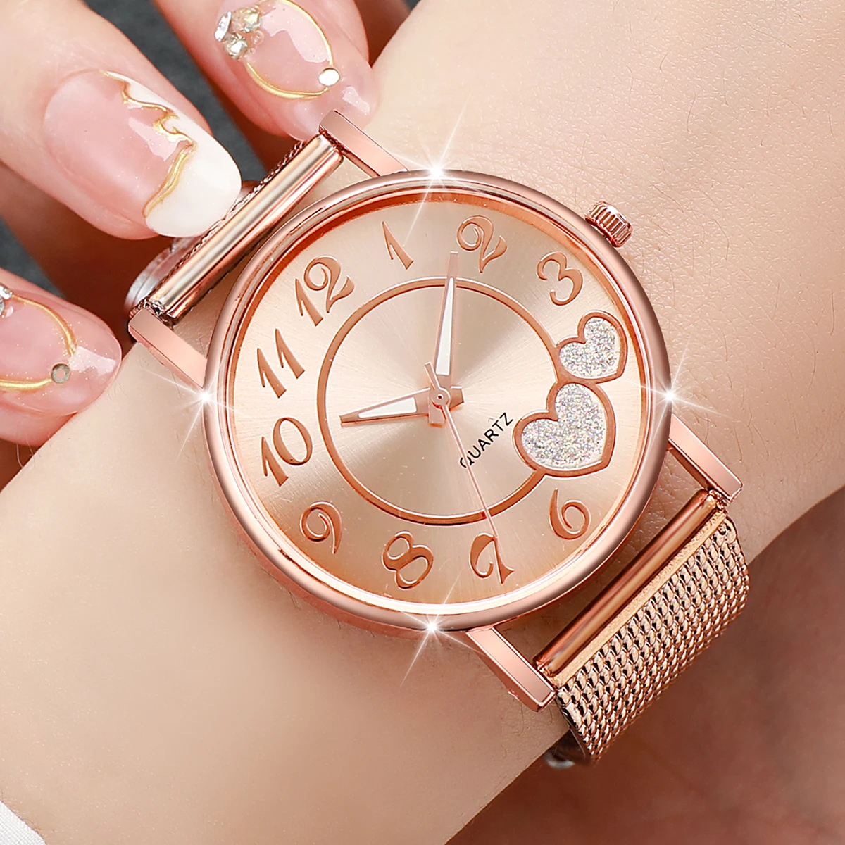 3pcs/set Women Fashion Plastic Strap Quartz Watch Rose Gold Gold Silver Set