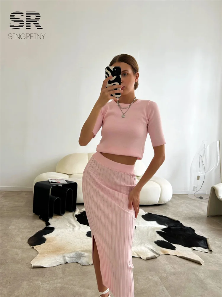 2024Casual Two Piece Sets Women Summer O Neck Top Elastic Waist Long Skirt Fashion Office Lady Korean Knit Suit