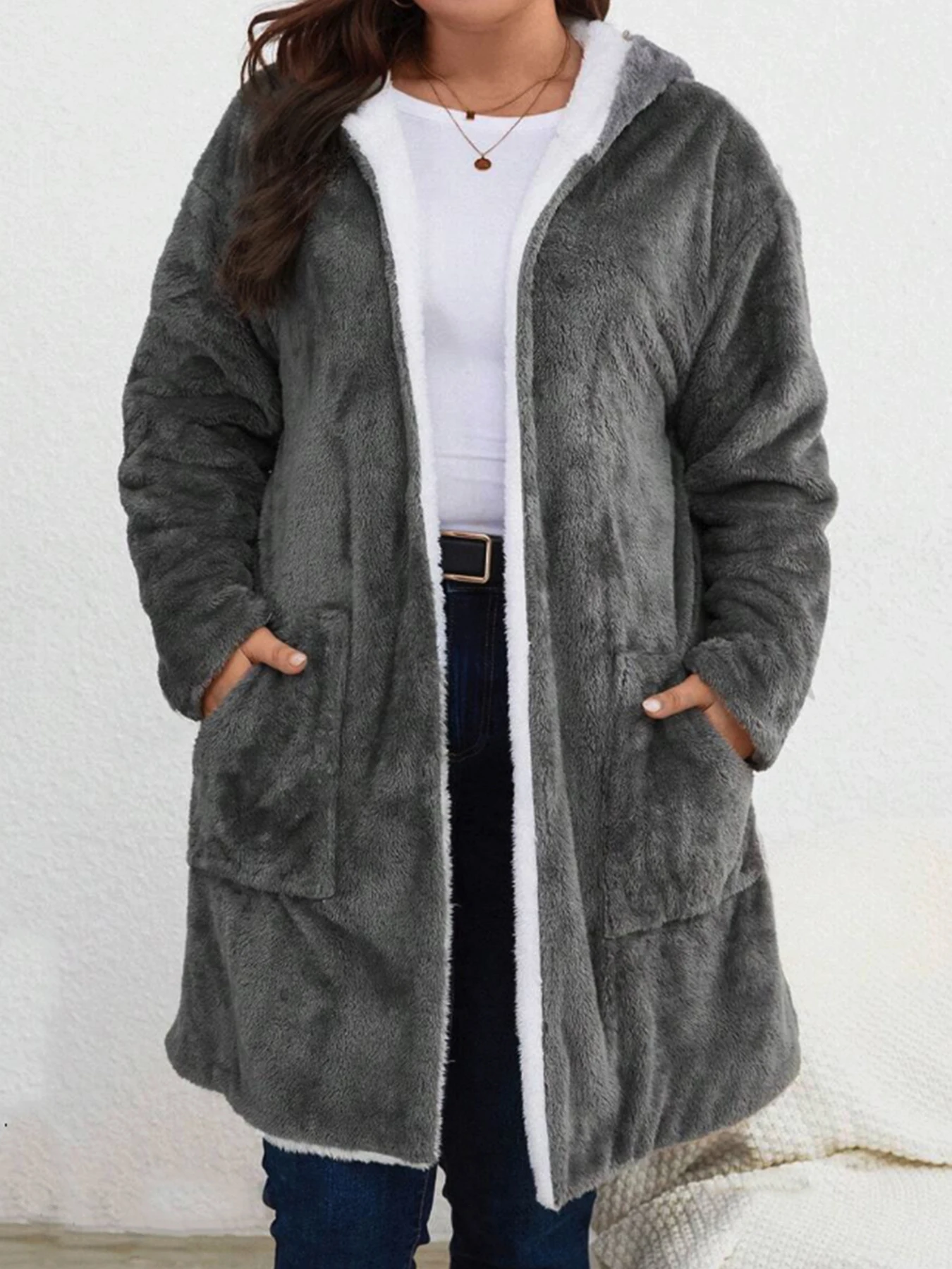 

Women's Plus Size Hooded Fuzzy Mid - Length Coat