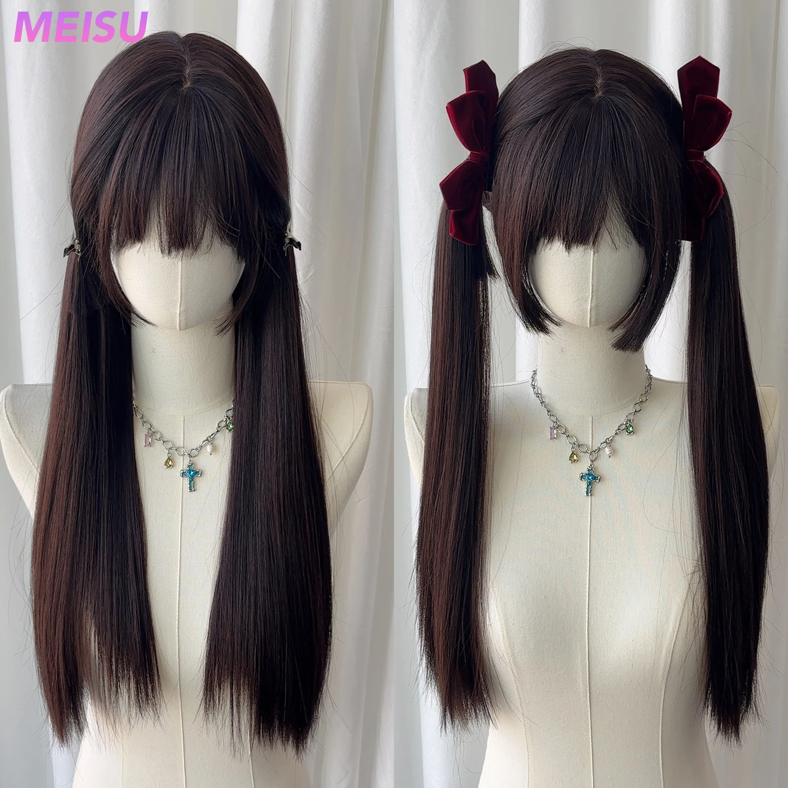 

MEISU 24 Inch Black Tea Straight Synthetic Wig Heat-Resistant Natural Smooth Hair Stylish Party Wigs For Women