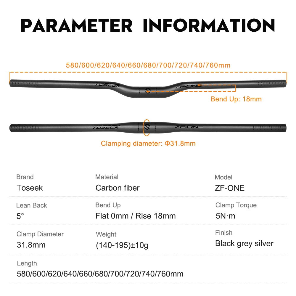 TOSEEK ZF-ONE Mtb Carbon Handlebar Bicycle Handlebar 31.8*580-720/740/760mm Matt Black Handlebars For Mountain Bike Accessories