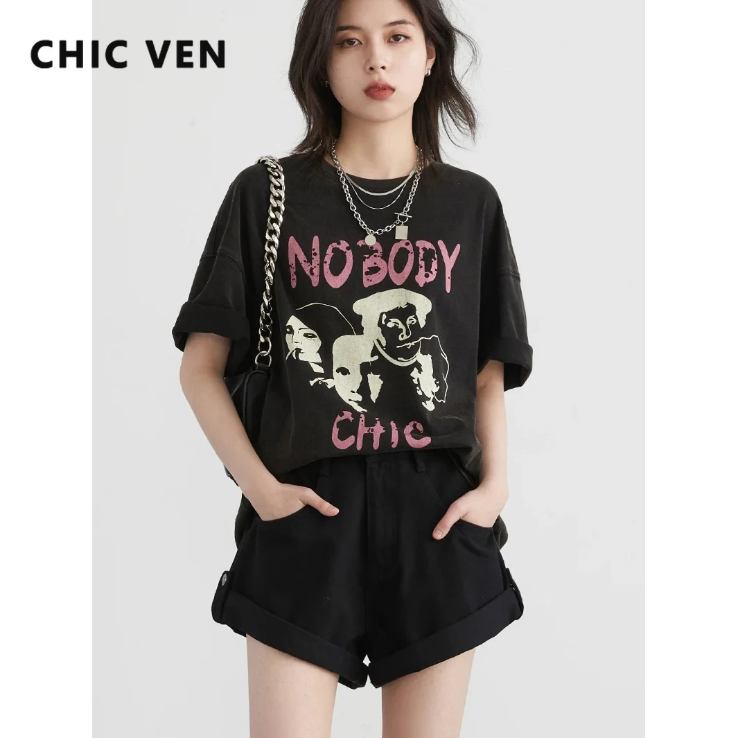 CHIC VEN Women Tees Casual Retro Cotton Printed Short Sleeved T-shirt Loose Medium Length Ladies Top Summer 2024 Girl Clothing