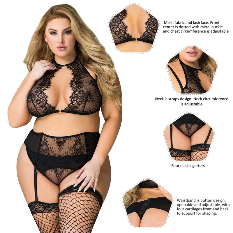 Ohyeahlady Hollow Out Sexy Suspenders Lingerie Outfit Lace Sheer Women 3Pcs Underwear Plump Plus Size 5XL Garter Bra Panties Set