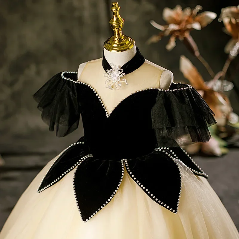 Moda Bambini Ragazza Abito elegante da sera Principessa Abiti neri Bambini Abiti con perline Costumi da spettacolo Abiti di lusso Abiti