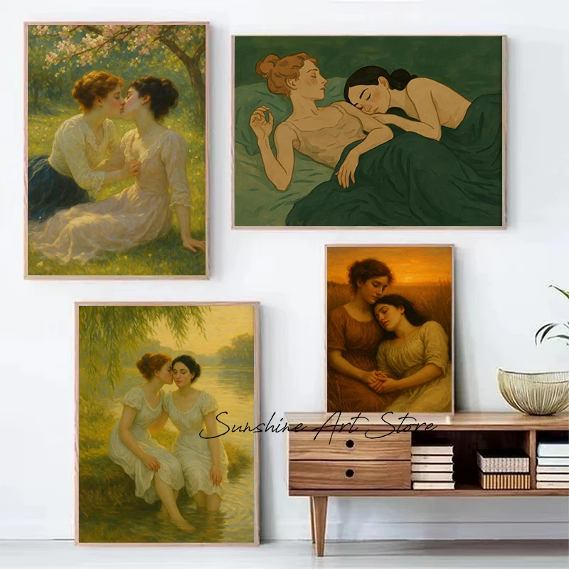 Romantic Lesbian Couples Sapphic Slumber Queer Grils Love Retro Painting Poster Canvas Painting Wall Pictures Home Bedroom Decor