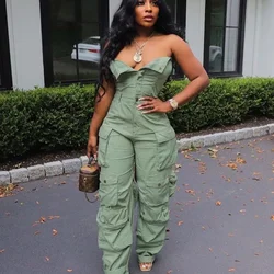 Cargo Jumpsuits Multi Pockets Women Sexy Buttons Strapless Backless Casual Streetwear Overalls Straight Pants Fashion Rompers
