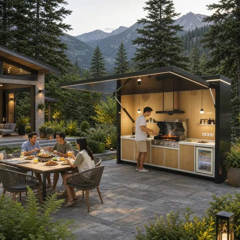 All Weather Outdoor Container Kitchen Built In Gas BBQ Grill Sink Beverage Fridge For Villa Backyard