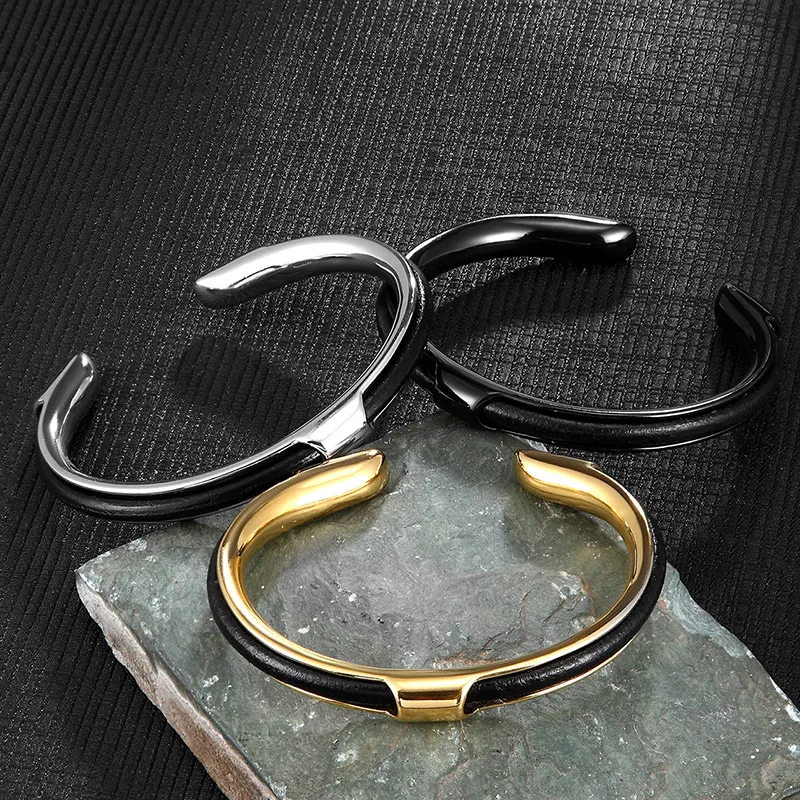 MKENDN Punk Vintage Black Gold Silver Color Leather Cuff Bangles Stainless Steel Bracelets Bangles for Men Gift