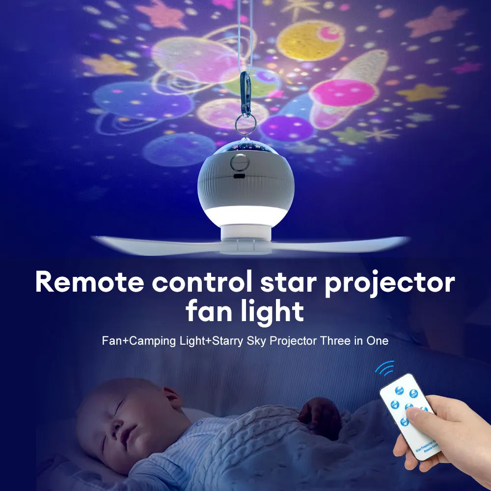 

3 in 1 Starry Sky Projector Rechargeable LED Fan Light 3 Speed Ceiling Fan Remote Control Atmosphere Light Portable Camping Lamp