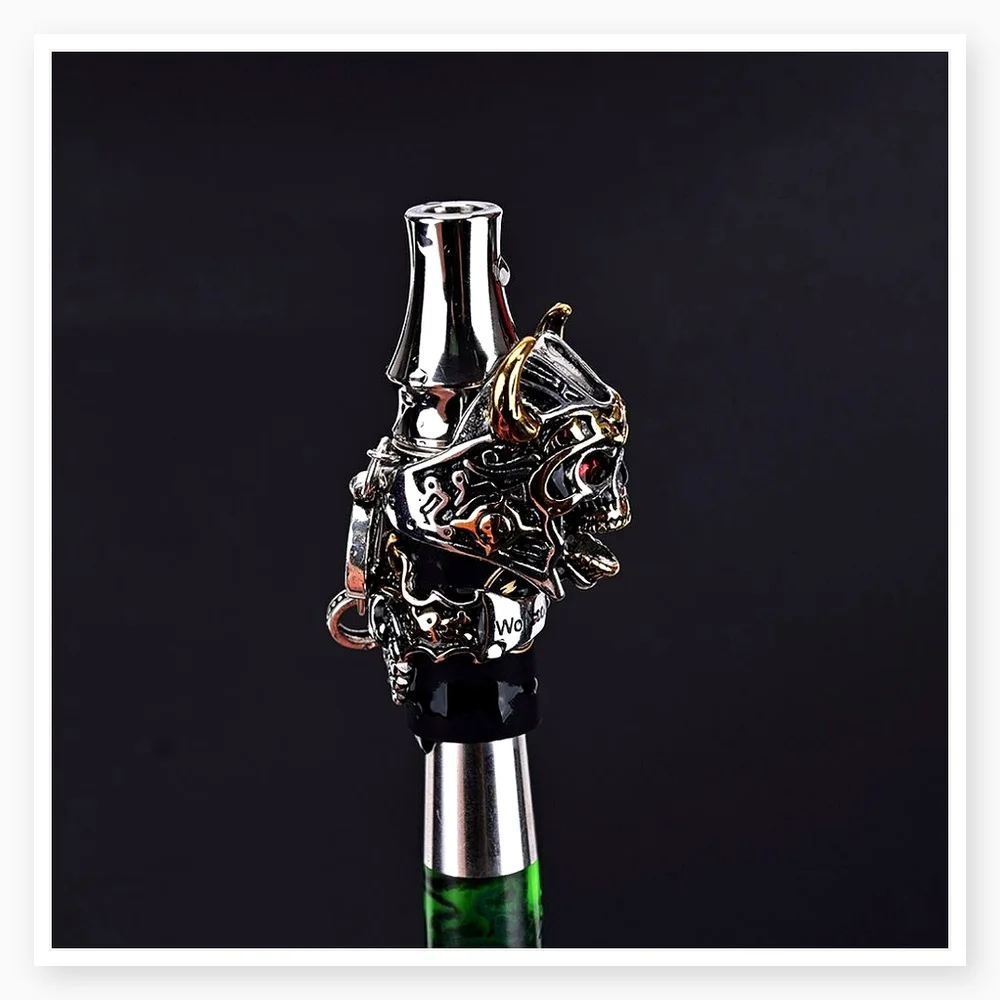 Punk Style Titanium Alloy Water Pipe Holder with Skull Carving and Horn Shape - Unique Heavy Metal Accessories